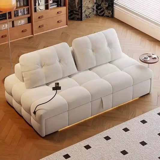 pull out sofa bed side angle showing the seating profile with charging holder