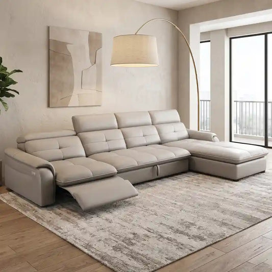 l shape sofa bed side angle showing the seating profile with USB charging