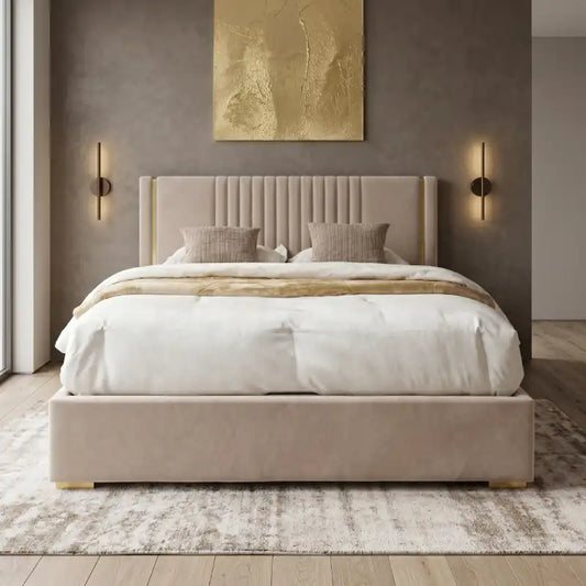 tufted bed shown in a spacious bed layout with soft padded headboard