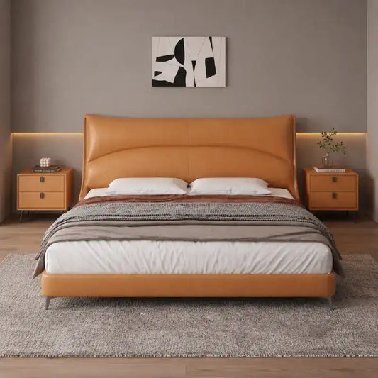 leatherette bed showing the lift-up storage area with wide padded headboard