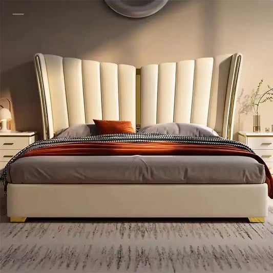 upholstered bed showing the lift-up storage area with wide padded headboard alternate side angle