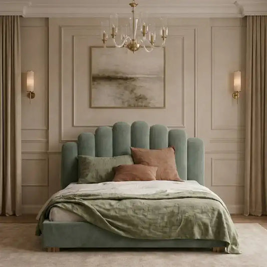 platform bed showing the lift-up storage area with rounded arch headboard