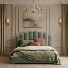 platform bed showing the lift-up storage area with rounded arch headboard