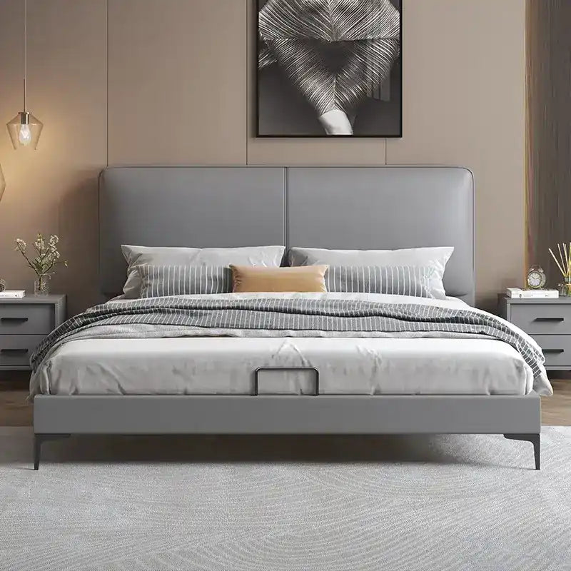 platform bed showing the lift-up storage area with padded headboard