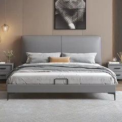 platform bed showing the lift-up storage area with padded headboard