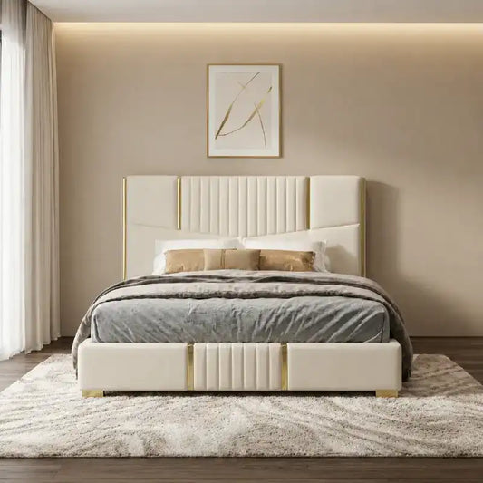 upholstered bed showing the lift-up storage area with tall padded headboard