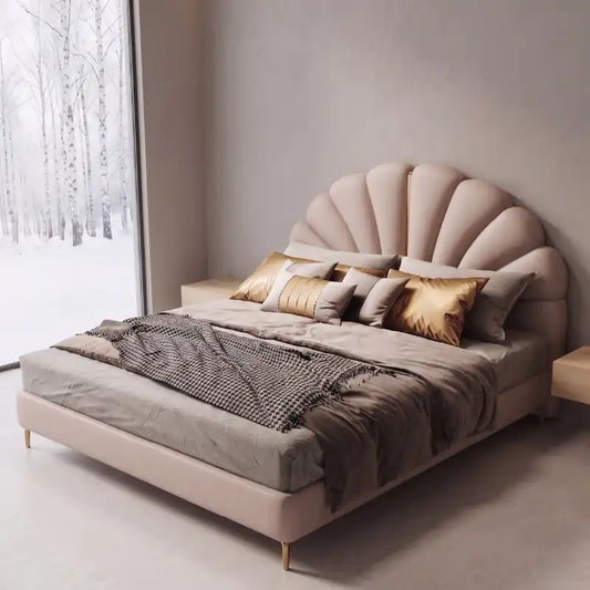 bed with headboard showing the lift-up storage area with shell-shaped padded headboard