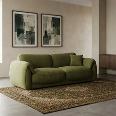 3 seater sofa with olive soft-touch fabric upholstery and concealed base, three-quarter view