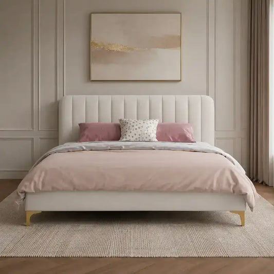 minimalist platform bed side view showing the upholstered frame and legs with rounded padded edges
