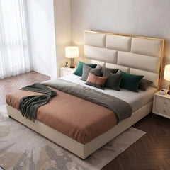 queen size bed frame showing the lift-up storage area with geometric padded headboard