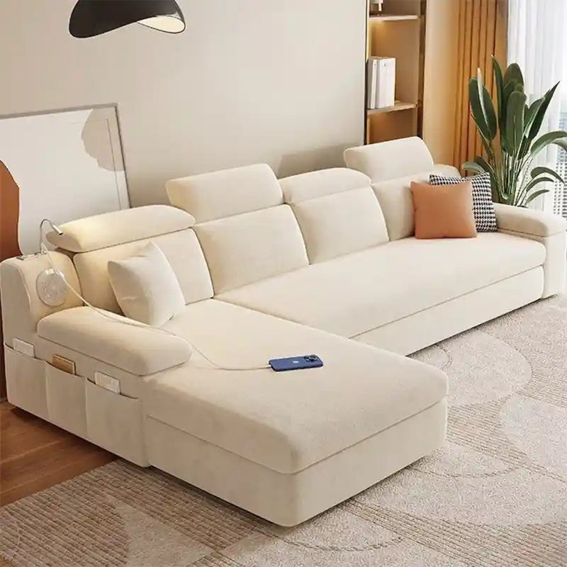 l shape sofa bed shown in the pull-out sleeping position with USB charging
