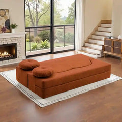 sofa bed folding shown in the pull-out sleeping position with textured fabric