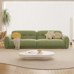 sofa set online with rounded arms, plush cushions and muted green fabric in a straight layout