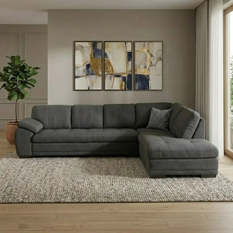 Corner sofa with deep cushions and a spacious lounger, straight front view