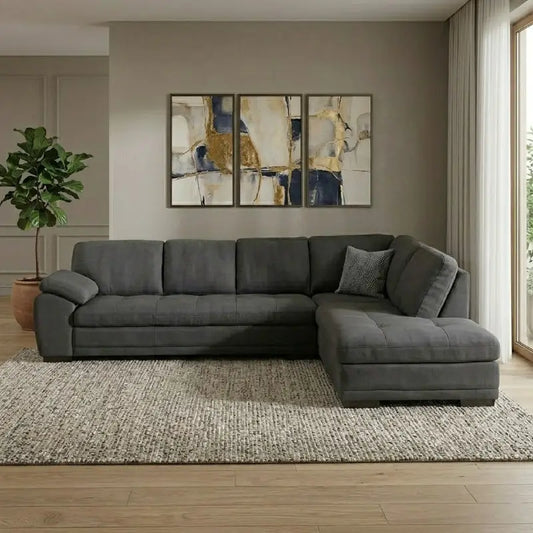 Corner sofa with deep cushions and a spacious lounger, straight front view