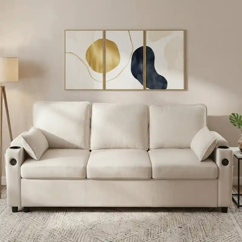 pull out sofa bed side angle showing the seating profile with cup holders