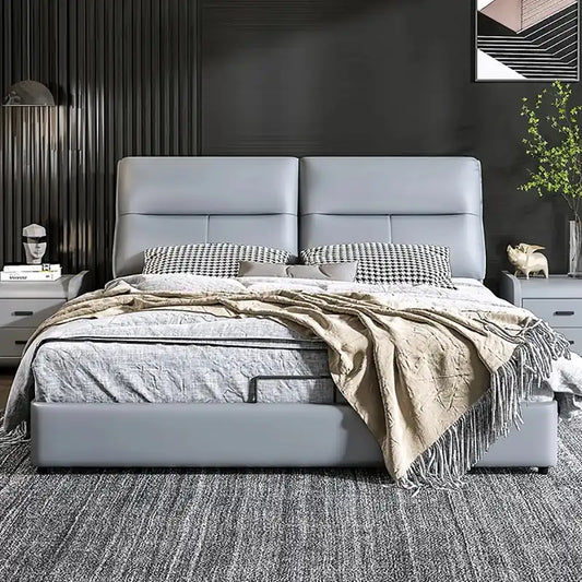 upholstered storage bed showing the lift-up storage area with cushioned headboard