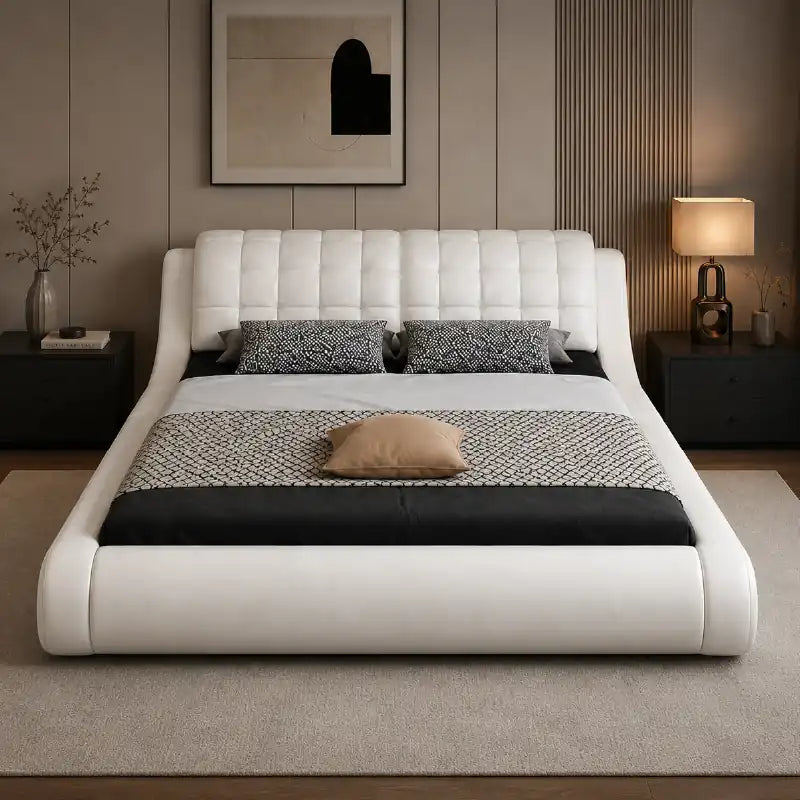 leatherette bed shown with a balanced mattress layout with deep padded headboard