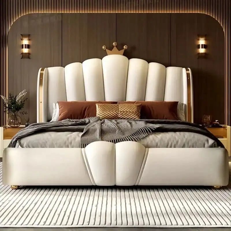 upholstered bed with headboard shown with a balanced mattress layout with vertical padded panels