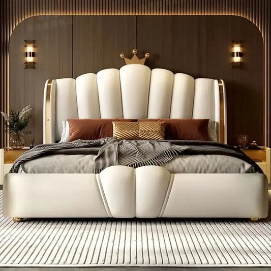 upholstered bed with headboard shown with a balanced mattress layout with vertical padded panels