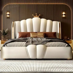 upholstered bed with headboard shown with a balanced mattress layout with vertical padded panels