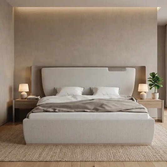 king size luxury bed shown with a balanced mattress layout with wide curved headboard