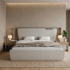 king size luxury bed shown with a balanced mattress layout with wide curved headboard