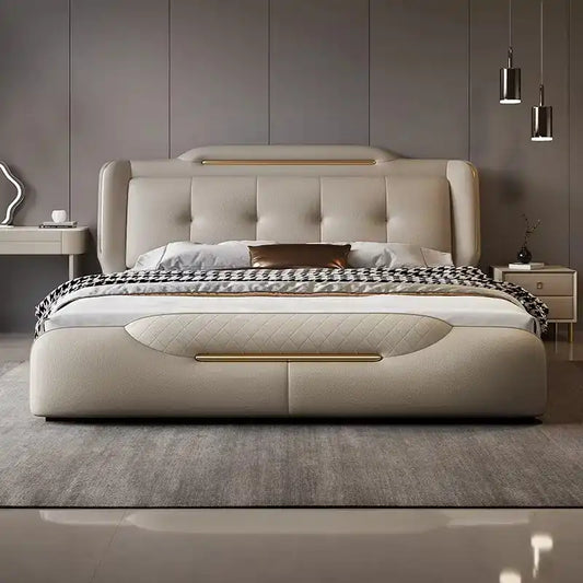 leatherette bed shown with a balanced mattress layout with deep button-padded headboard