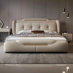 leatherette bed shown with a balanced mattress layout with deep button-padded headboard