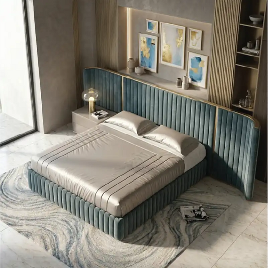 bed with headboard shown with a balanced mattress layout with vertical padded panels alternate front angle