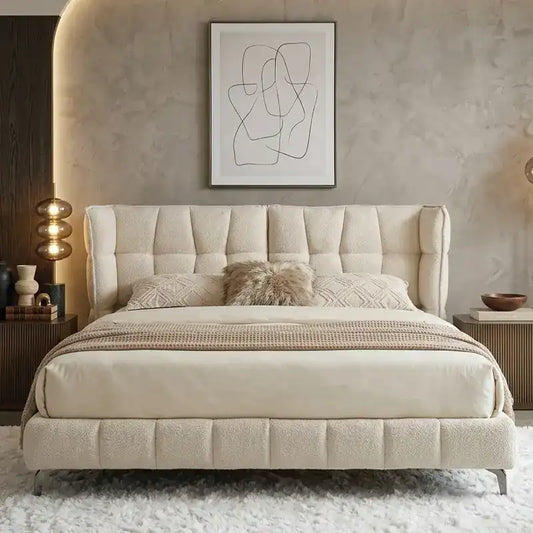 hydraulic storage bed shown with a balanced mattress layout with thick padded headboard