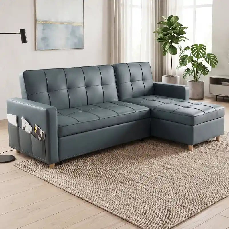 sofa bed with storage side angle showing the seating profile with side pockets