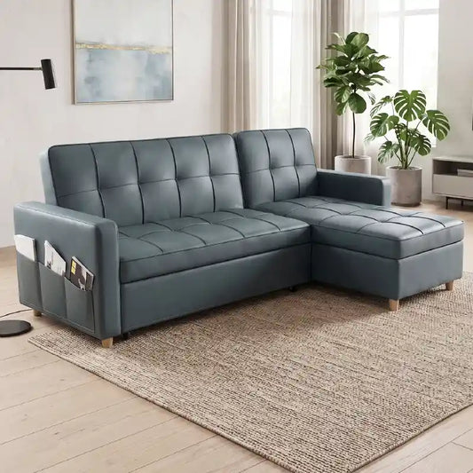 sofa bed with storage side angle showing the seating profile with side pockets
