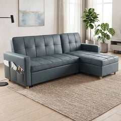 sofa bed with storage side angle showing the seating profile with side pockets