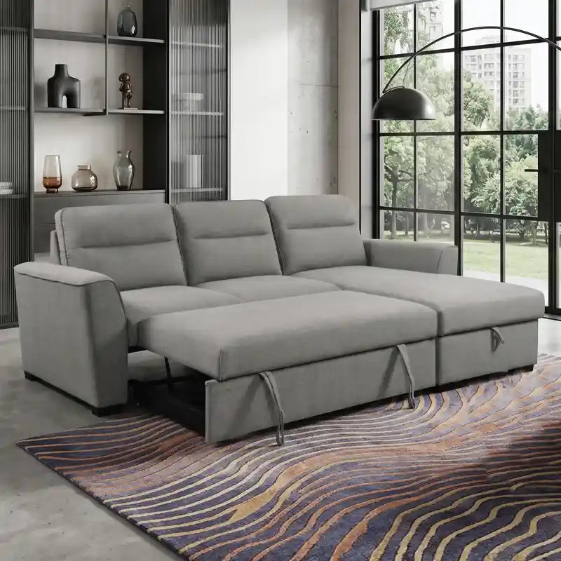 l shape sofa bed showing the sofa-to-bed conversion with hidden storage