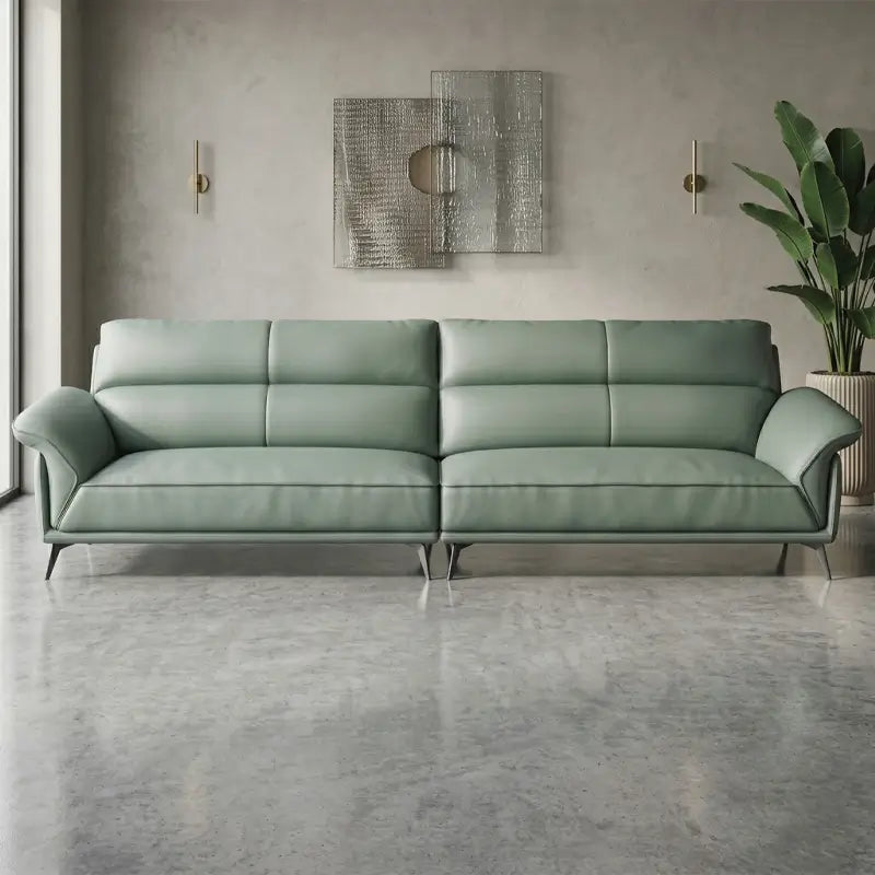 L shape sofa with deep lounge seating and soft back cushions, straight front view