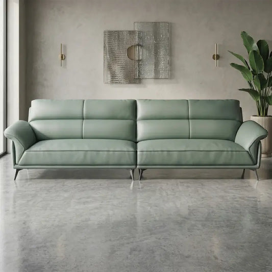 L shape sofa with deep lounge seating and soft back cushions, straight front view