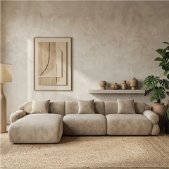L shape sofa set with deep cushions and oversized back support, straight front view