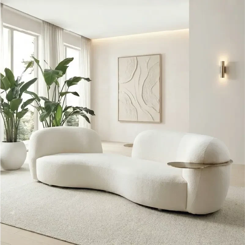 luxury sofa with low grounded base with smooth rounded edges, side profile