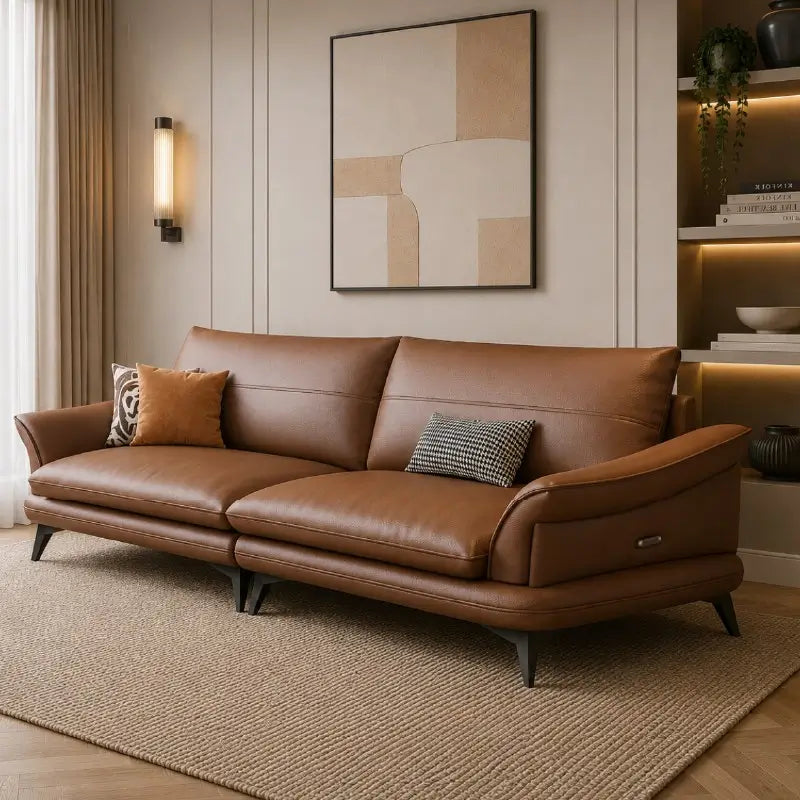 L shape sofa with deep cushions and curved padded arms, straight front view