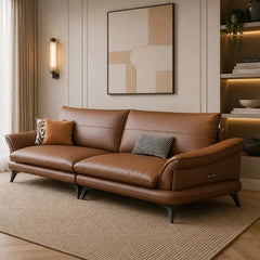 L shape sofa with deep cushions and curved padded arms, straight front view