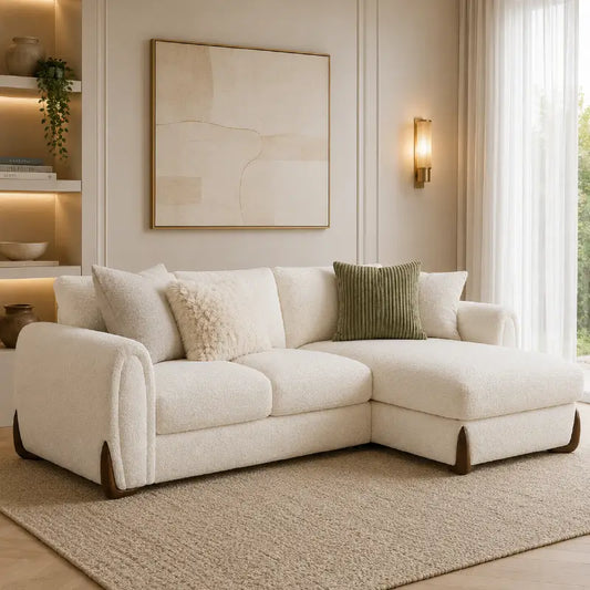 L shape sofa with curved arms and wooden accent details, straight front view