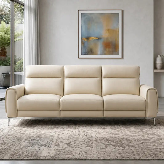recliner sofa set with smooth fine-grain upholstery and panel stitching, three-quarter view