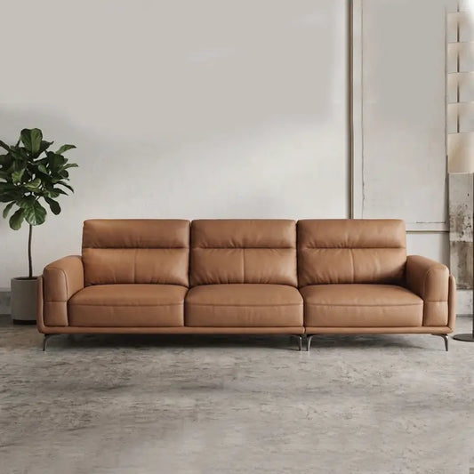 L shape sofa set with wide padded arms and elevated metal legs, straight front view