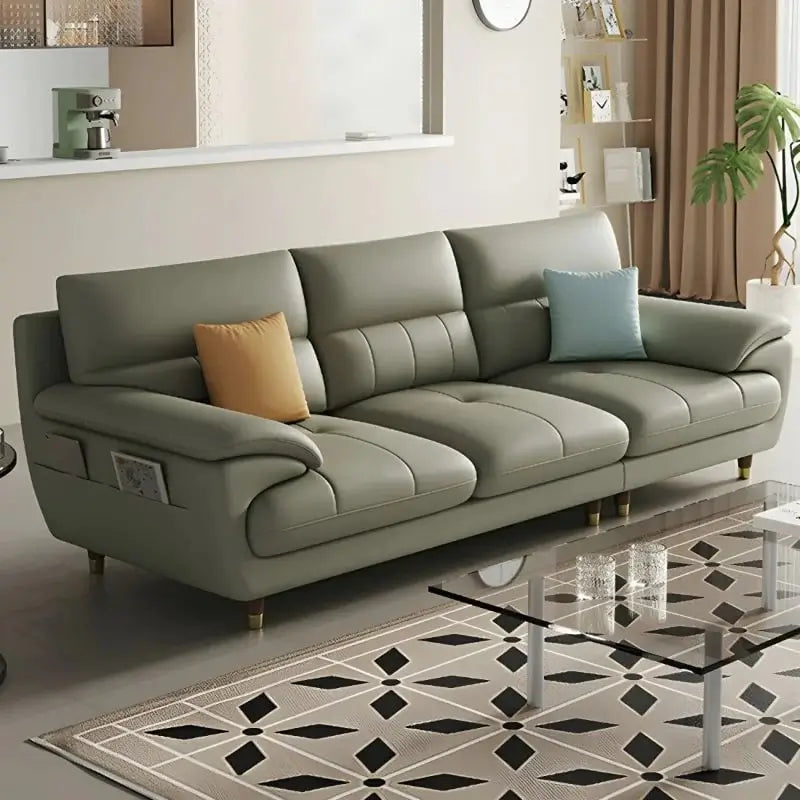 luxury l shape sofa set with leatherette upholstery with vertical stitching, three-quarter view