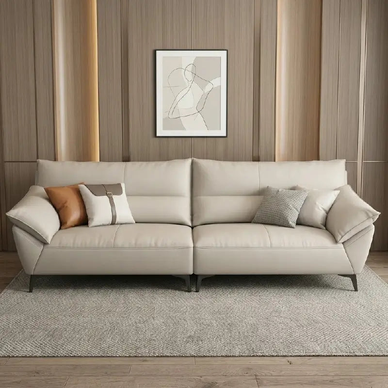 leatherette sofa set with deep segmented cushions for lounge comfort, three-quarter view