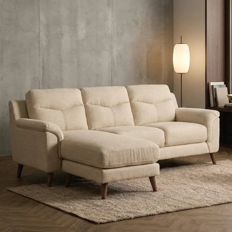 Scandinavian sofa with 32-density foam with segmented back cushions, three-quarter view