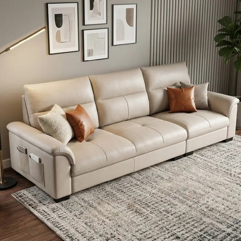 modern luxury sofa set with beige cream leatherette Nova fabric upholstery, three-quarter view