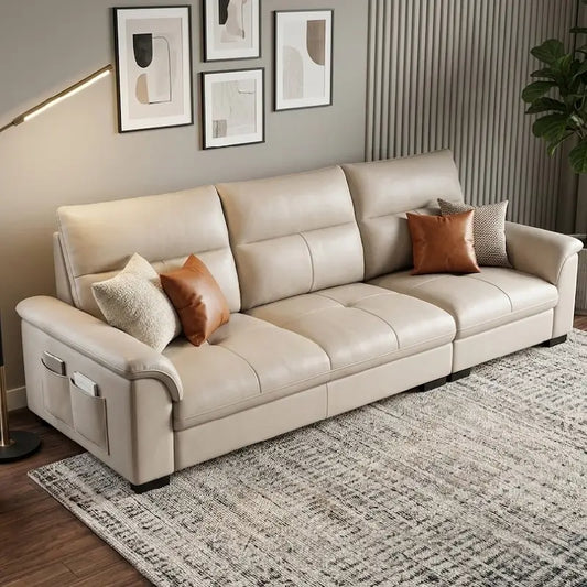 modern luxury sofa set with beige cream leatherette Nova fabric upholstery, three-quarter view