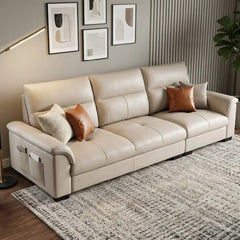 modern luxury sofa set with beige cream leatherette Nova fabric upholstery, three-quarter view